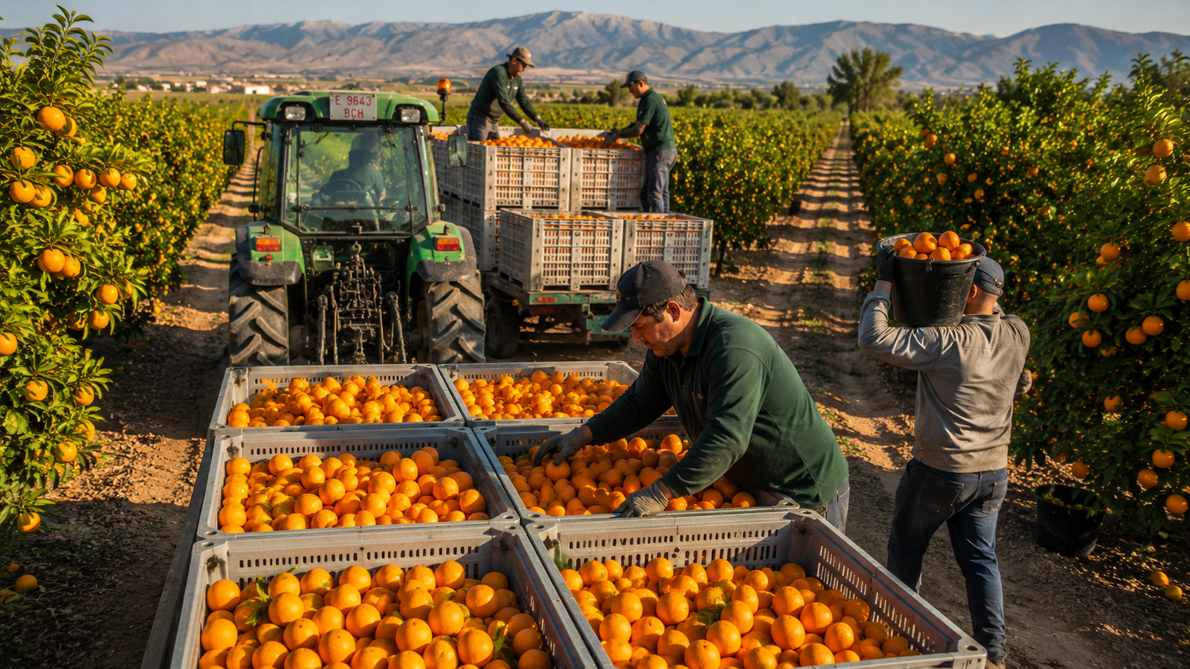 Trabajo agrícola con tractor y cajas de fruta